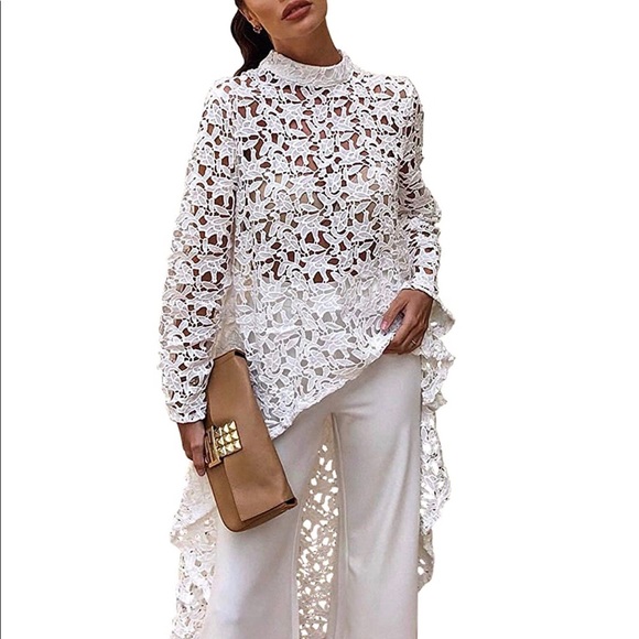 Tops - Lace High Low Asymmetrical Stand Collar Tunic Top